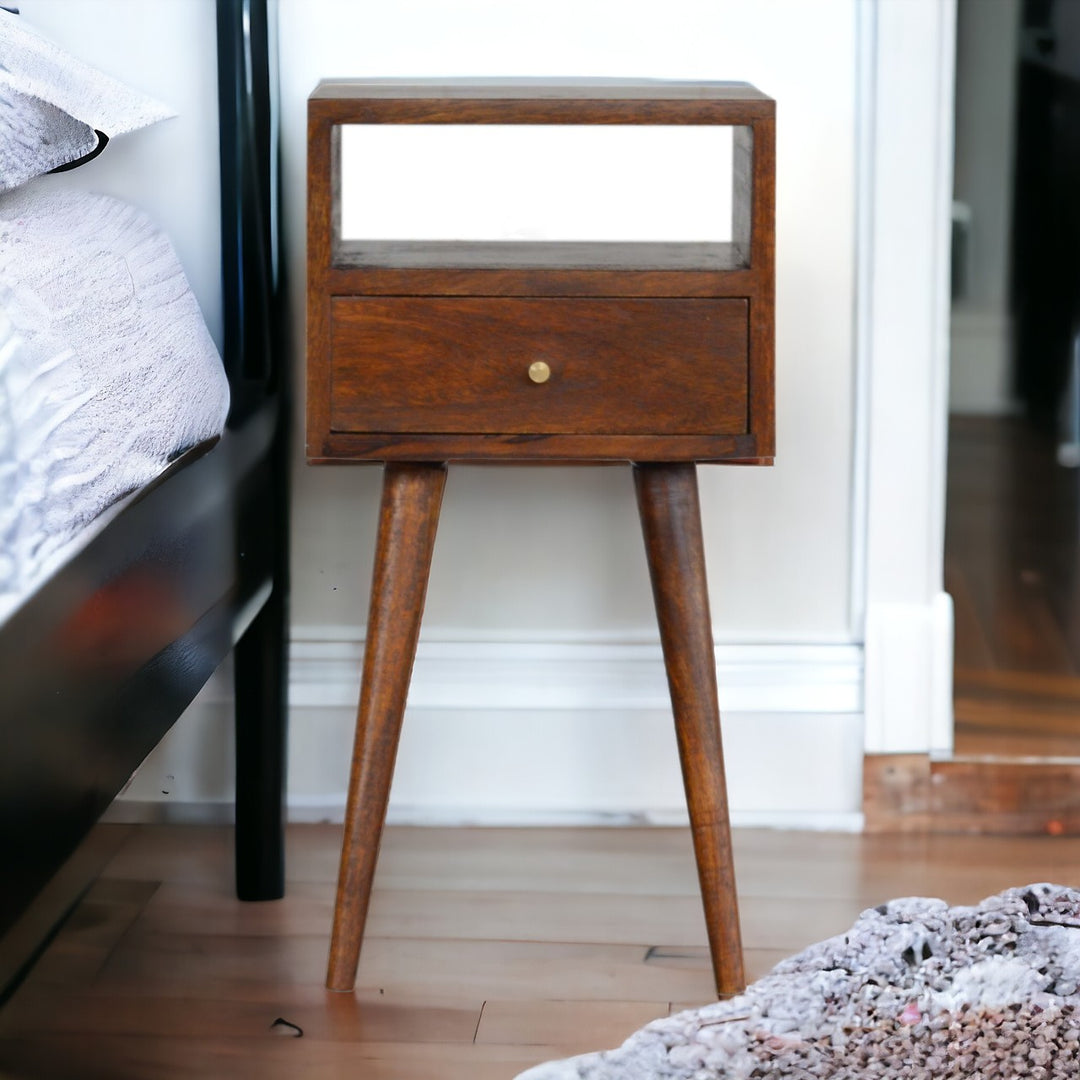 Solid Wood Mini Nightstand, 1-Drawer, 1 Open Slot, Chestnut, Brown