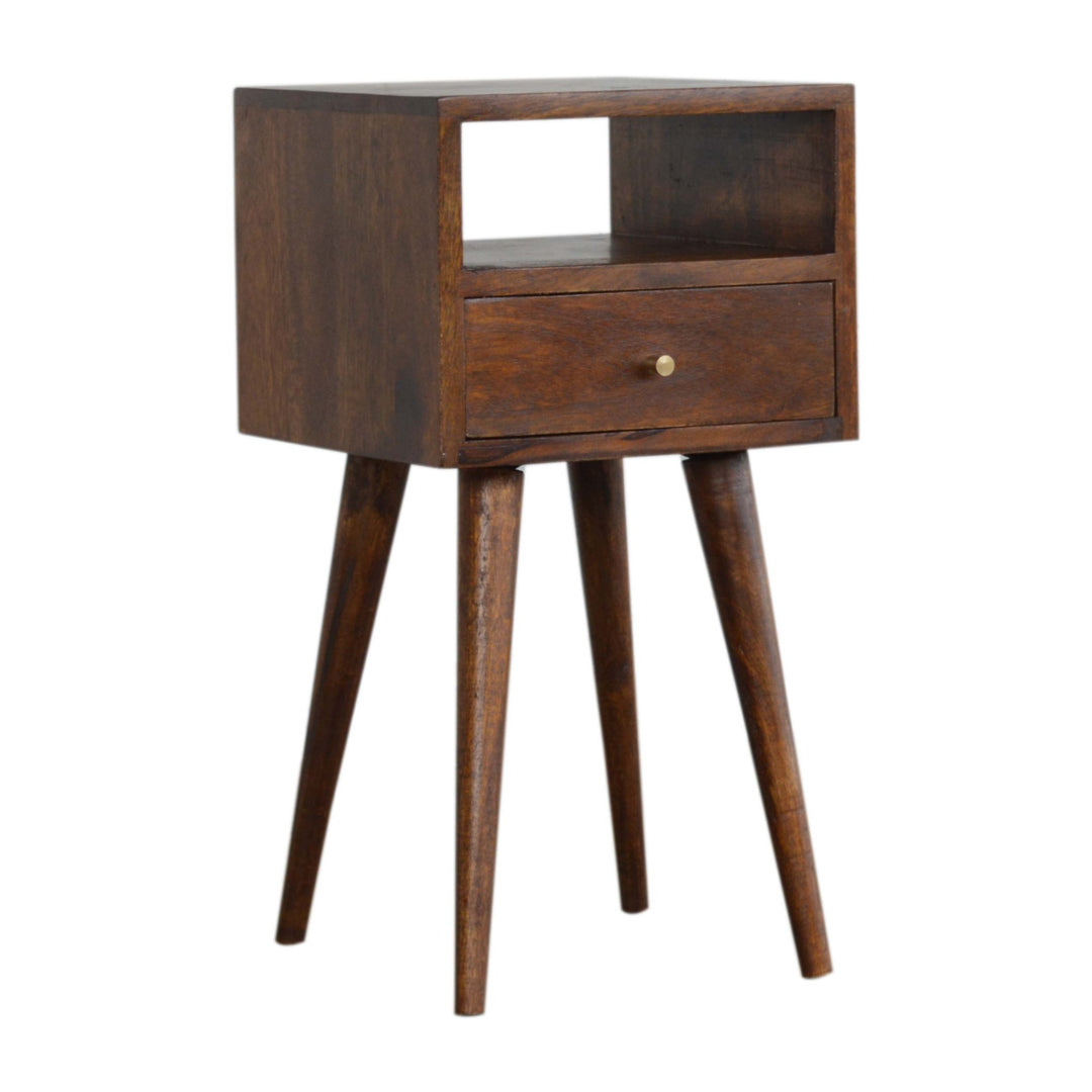 Solid Wood Mini Nightstand, 1-Drawer, 1 Open Slot, Chestnut, Brown