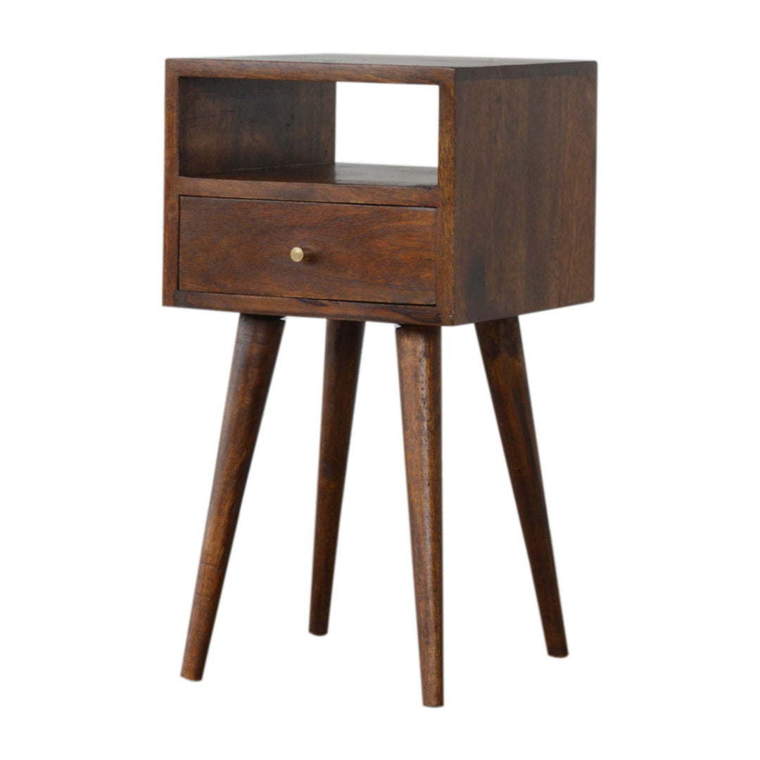 Solid Wood Mini Nightstand, 1-Drawer, 1 Open Slot, Chestnut, Brown