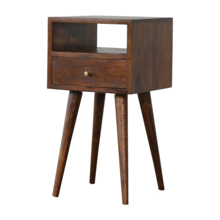 Solid Wood Mini Nightstand, 1-Drawer, 1 Open Slot, Chestnut, Brown