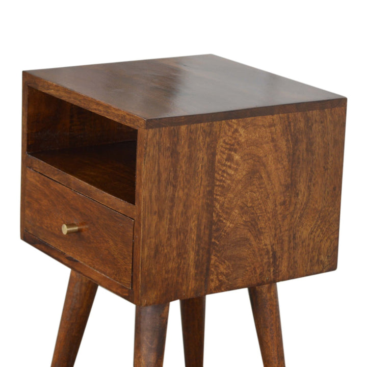 Solid Wood Mini Nightstand, 1-Drawer, 1 Open Slot, Chestnut, Brown