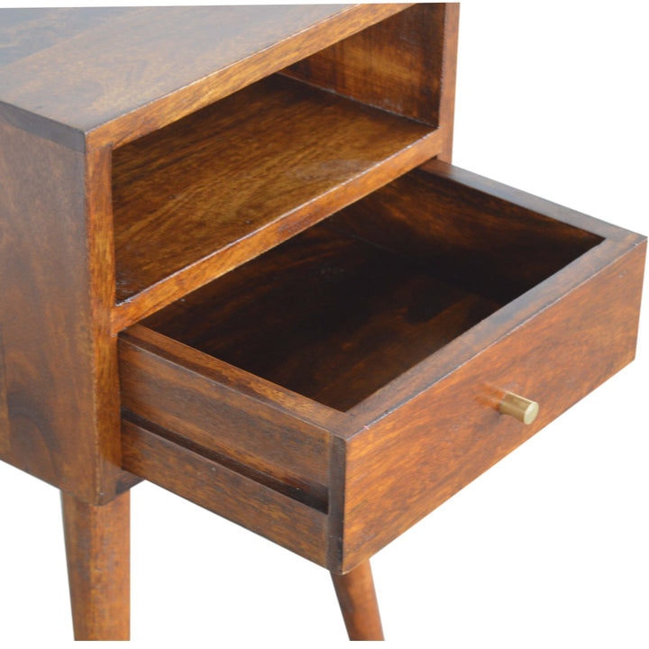 Solid Wood Mini Nightstand, 1-Drawer, 1 Open Slot, Chestnut, Brown