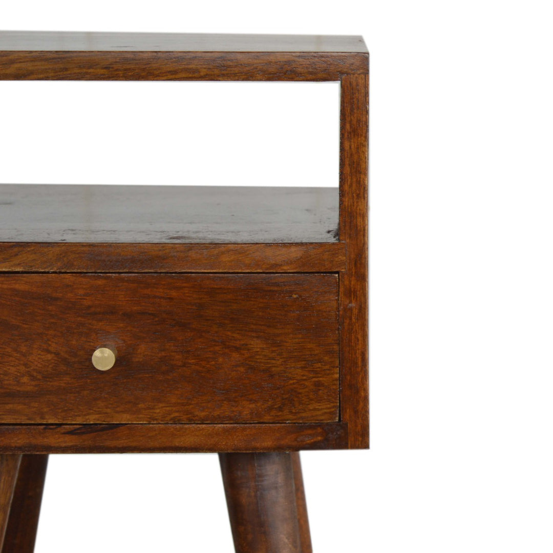 Solid Wood Mini Nightstand, 1-Drawer, 1 Open Slot, Chestnut, Brown
