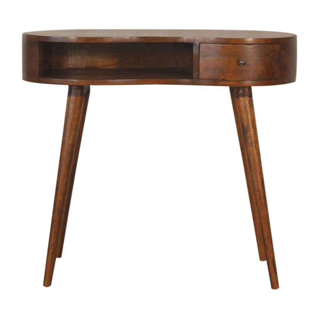 Solid Wood Chestnut Rounded Writing Desk, 1-Drawer, 1 Open-Slot, Nordic Legs, Dark Brown