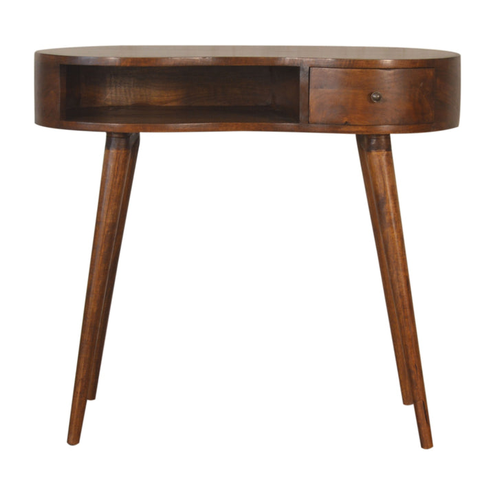Solid Wood Chestnut Rounded Writing Desk, 1-Drawer, 1 Open-Slot, Nordic Legs, Dark Brown
