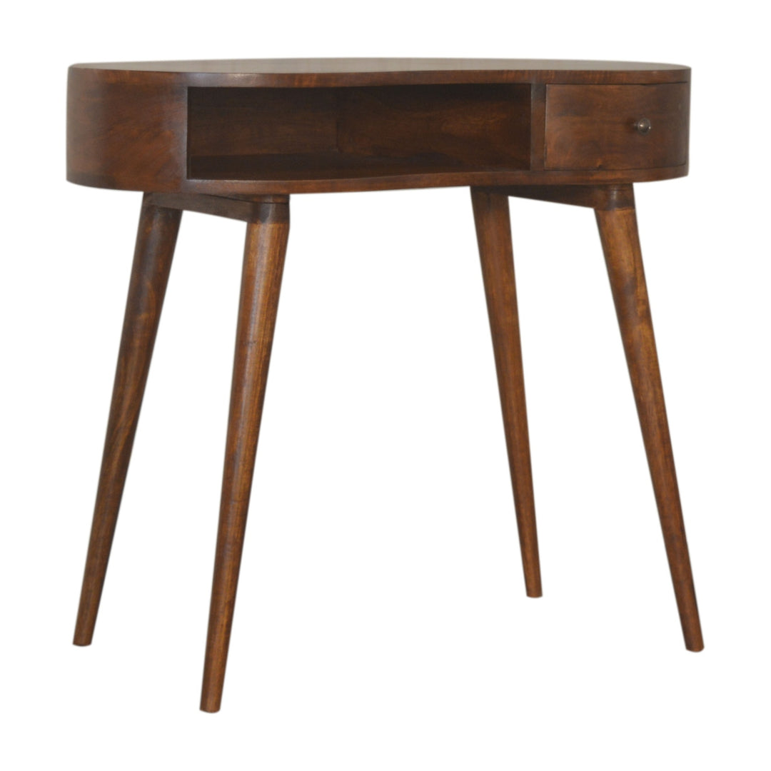 Solid Wood Chestnut Rounded Writing Desk, 1-Drawer, 1 Open-Slot, Nordic Legs, Dark Brown