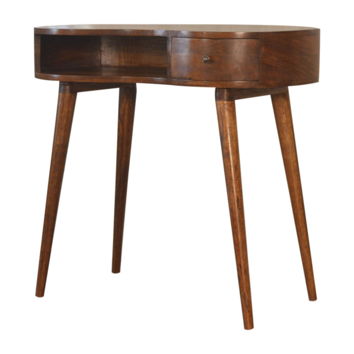 Solid Wood Chestnut Rounded Writing Desk, 1-Drawer, 1 Open-Slot, Nordic Legs, Dark Brown