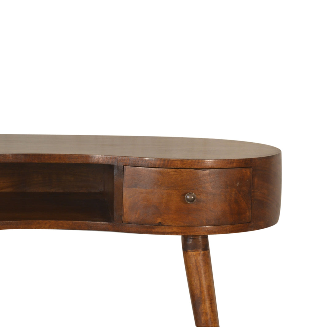Solid Wood Chestnut Rounded Writing Desk, 1-Drawer, 1 Open-Slot, Nordic Legs, Dark Brown