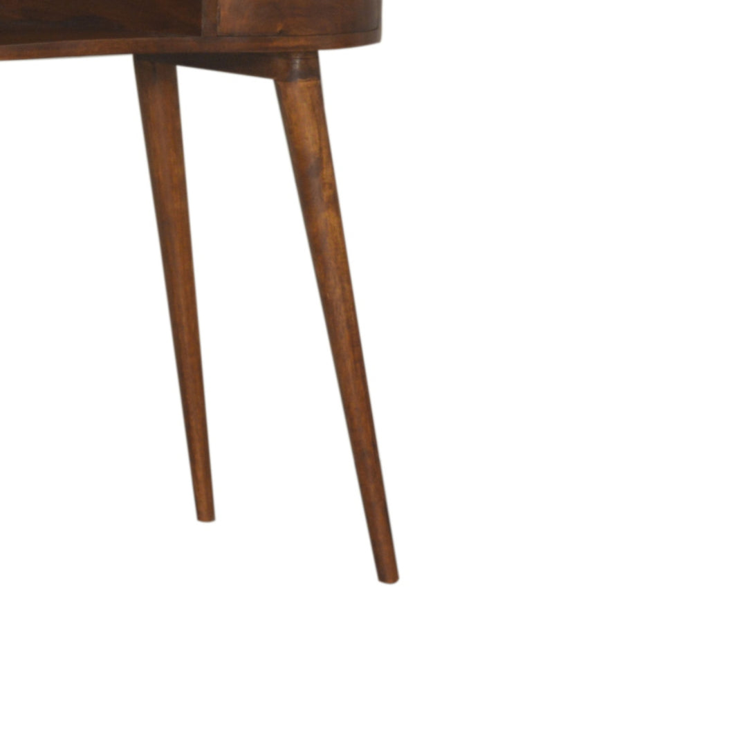 Solid Wood Chestnut Rounded Writing Desk, 1-Drawer, 1 Open-Slot, Nordic Legs, Dark Brown