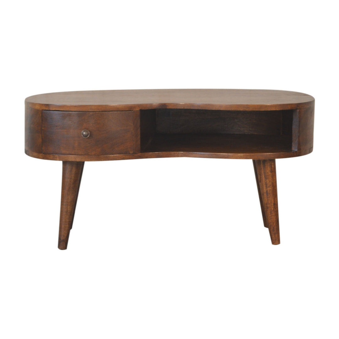 Chestnut Wave Coffee Table, Nordic Legs, 1-Drawer, 1 Open Storage