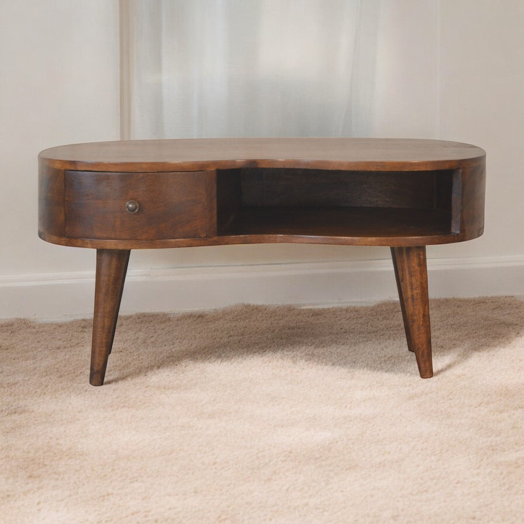 Chestnut Wave Coffee Table, Nordic Legs, 1-Drawer, 1 Open Storage