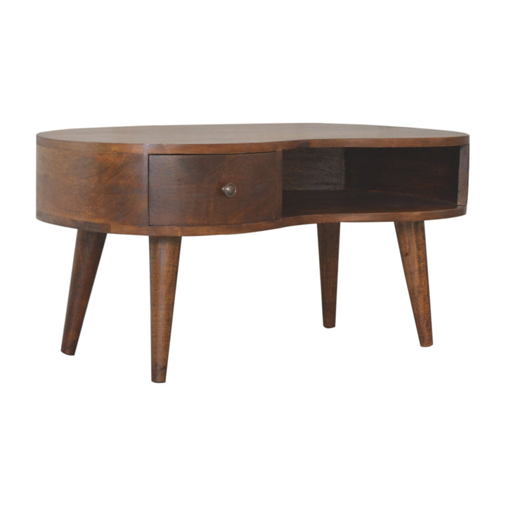 Chestnut Wave Coffee Table, Nordic Legs, 1-Drawer, 1 Open Storage
