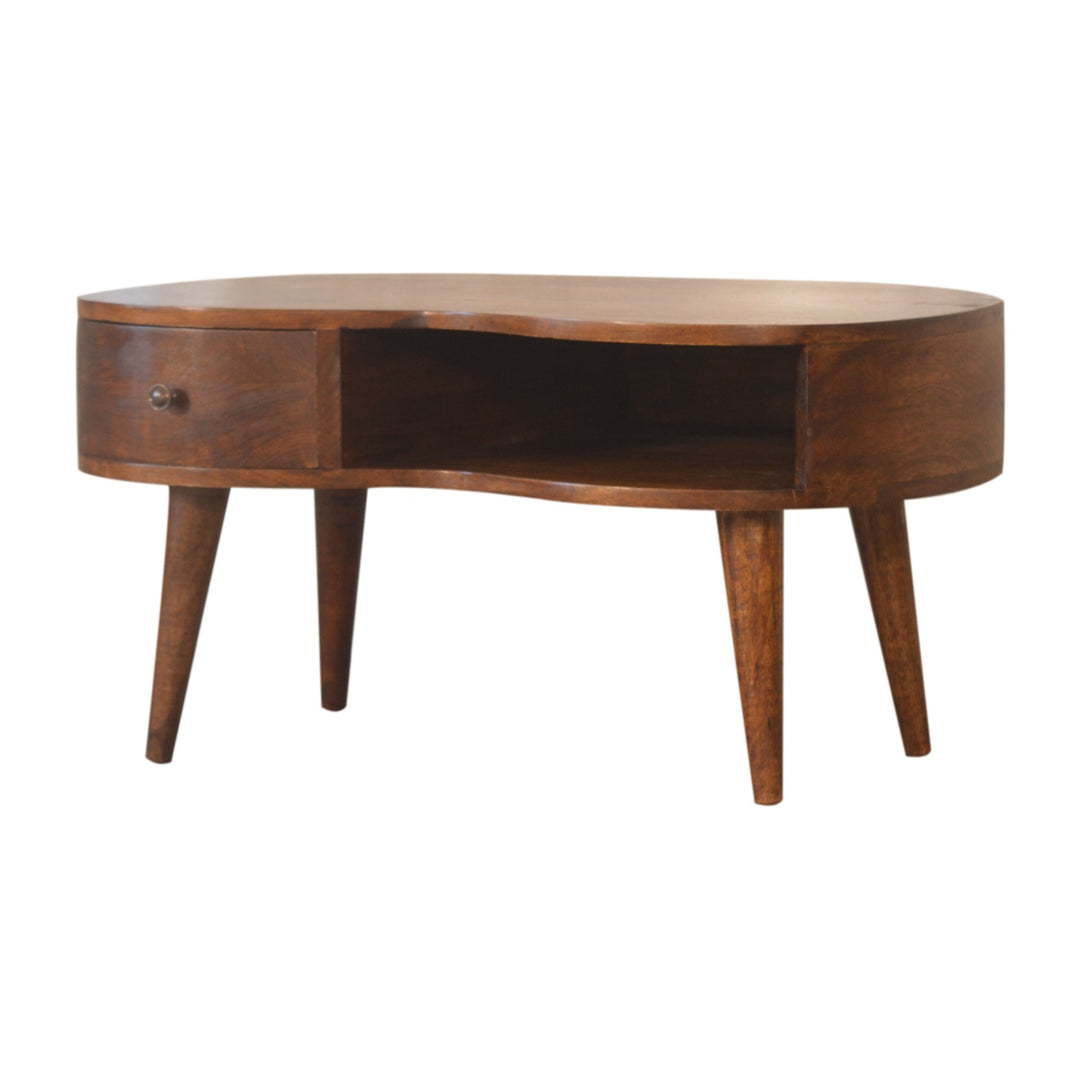 Chestnut Wave Coffee Table, Nordic Legs, 1-Drawer, 1 Open Storage