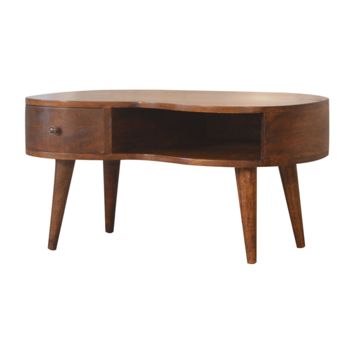Chestnut Wave Coffee Table, Nordic Legs, 1-Drawer, 1 Open Storage