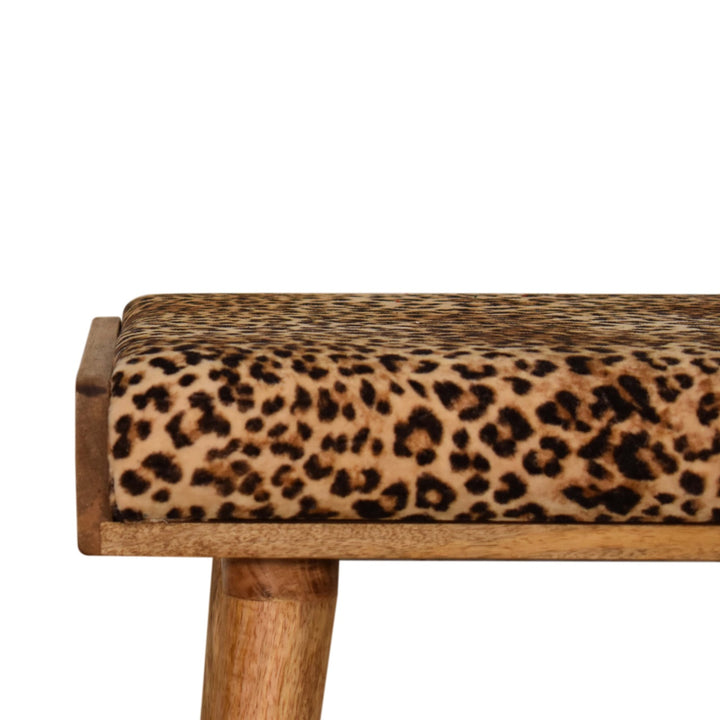 Solid Wood Leopard Velvet Upholstered Tray Style Footstool, Brown and Black
