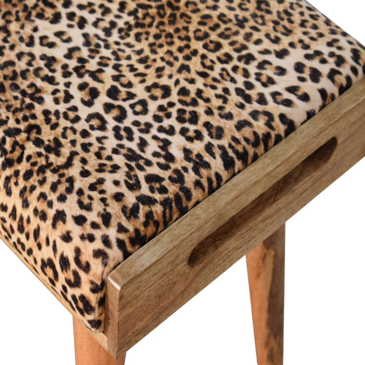 Solid Wood Leopard Velvet Upholstered Tray Style Footstool, Brown and Black