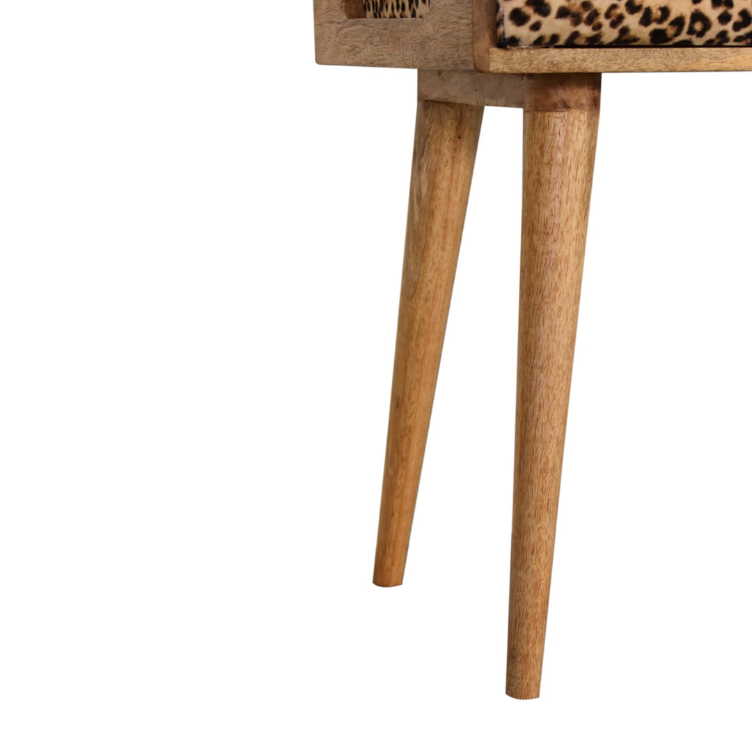 Solid Wood Leopard Velvet Upholstered Tray Style Footstool, Brown and Black