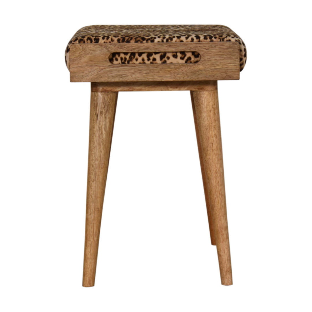 Solid Wood Leopard Velvet Upholstered Tray Style Footstool, Brown and Black