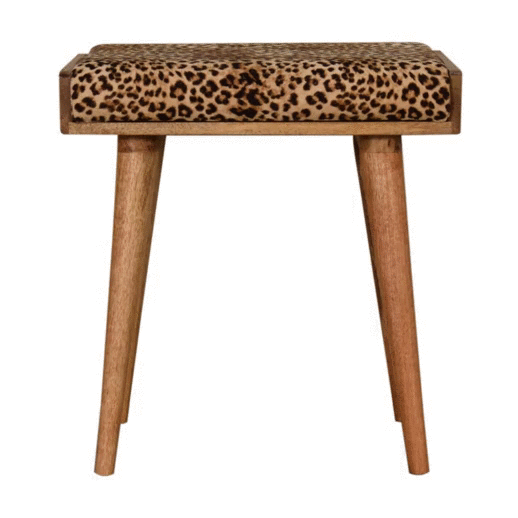 Solid Wood Leopard Velvet Upholstered Tray Style Footstool, Brown and Black