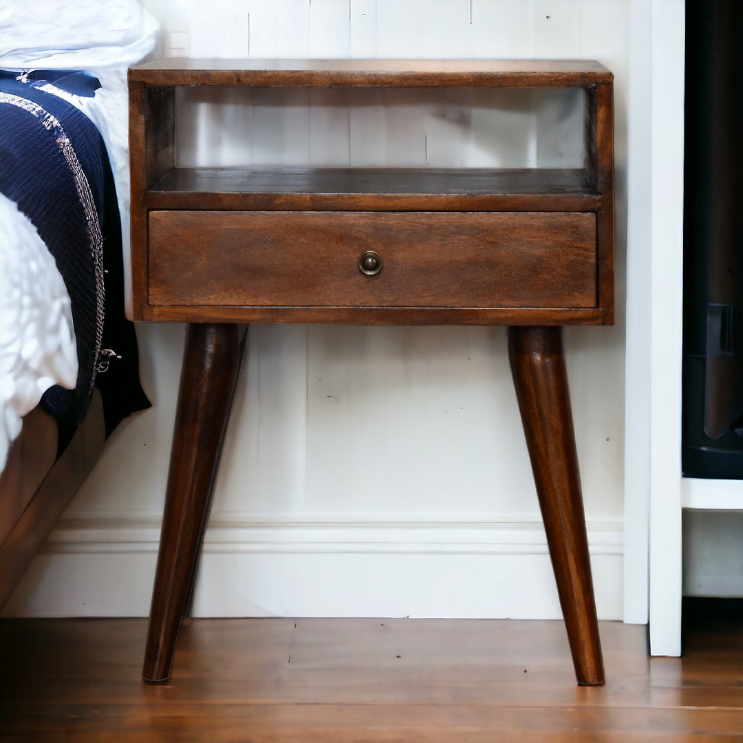Modern Chestnut Solid Wood Bedside, 1-Drawer, 1 Open Slot, Nordic Legs