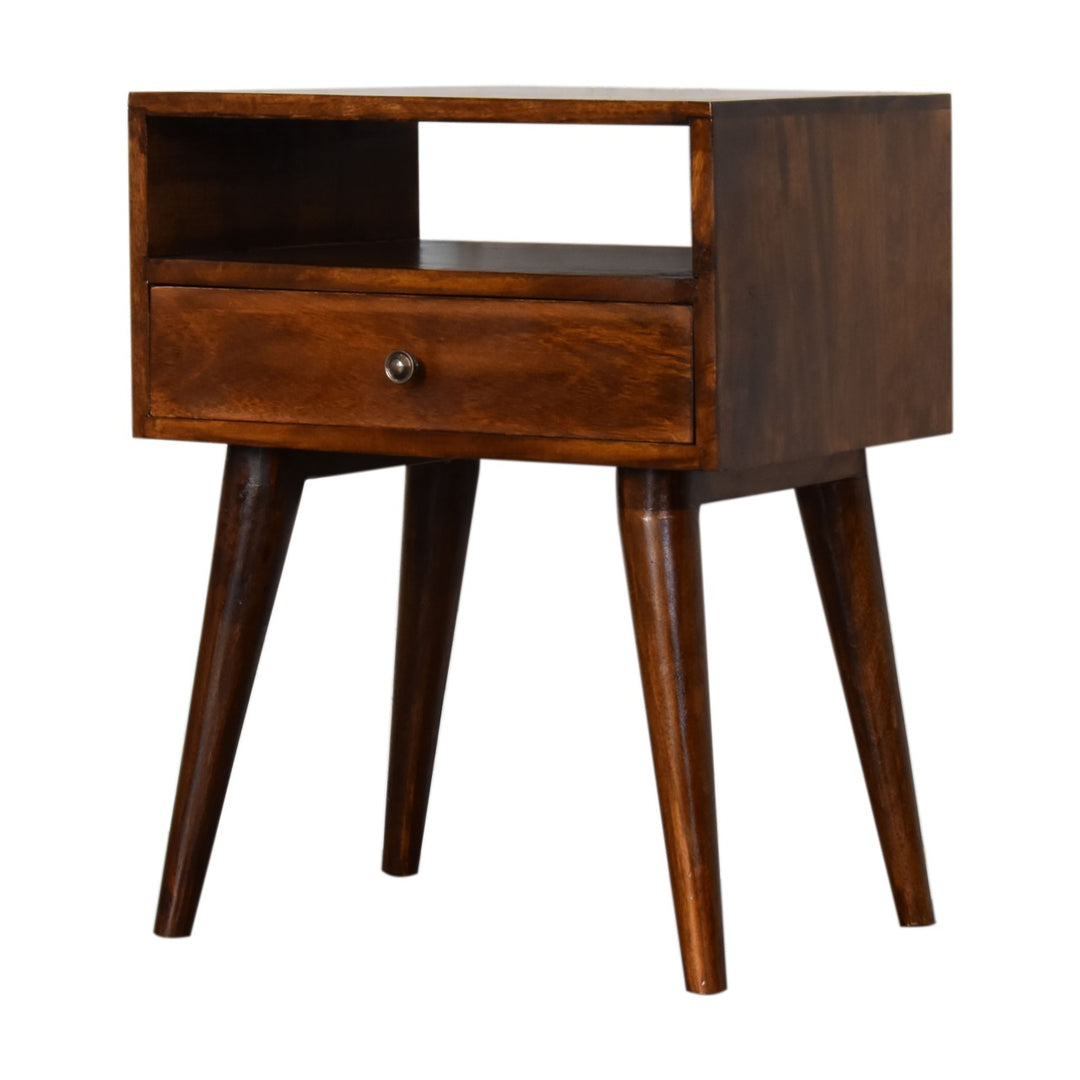 Modern Chestnut Solid Wood Bedside, 1-Drawer, 1 Open Slot, Nordic Legs