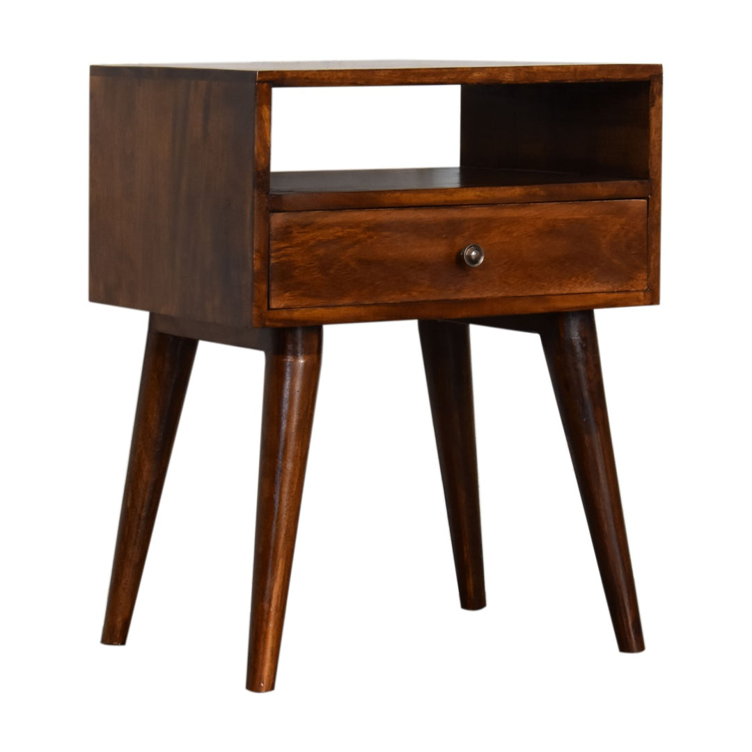 Modern Chestnut Solid Wood Bedside, 1-Drawer, 1 Open Slot, Nordic Legs