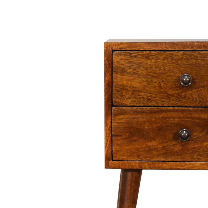Solid Wood Mini Nightstand, 2-Drawers, Chestnut, Dark Brown