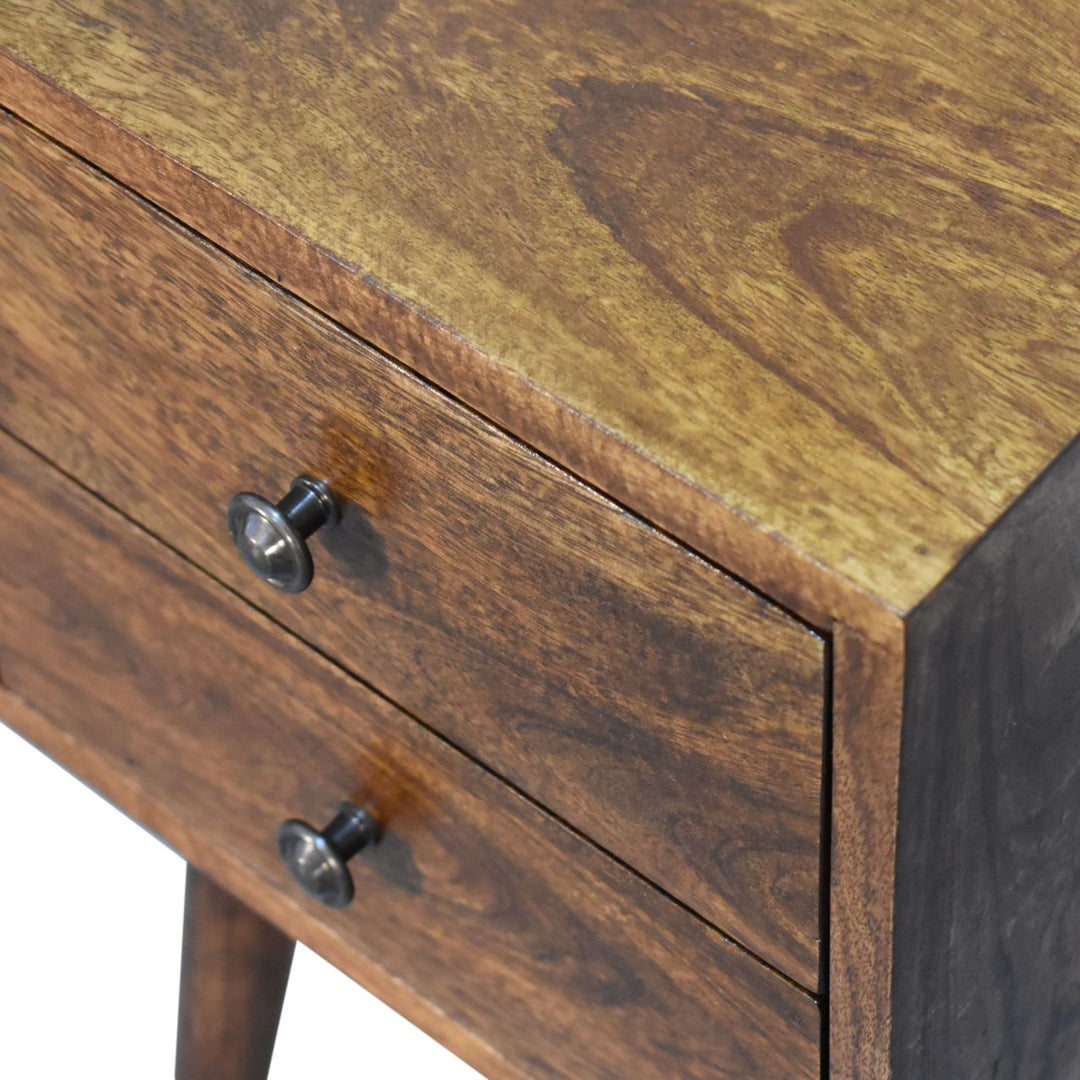 Solid Wood Mini Nightstand, 2-Drawers, Chestnut, Dark Brown
