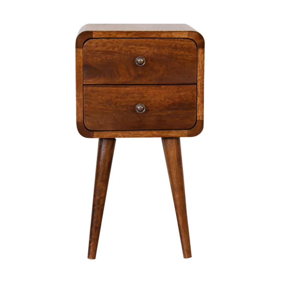 Solid Wood Mini Chestnut Curved nightstand, 2-Drawers, Brown