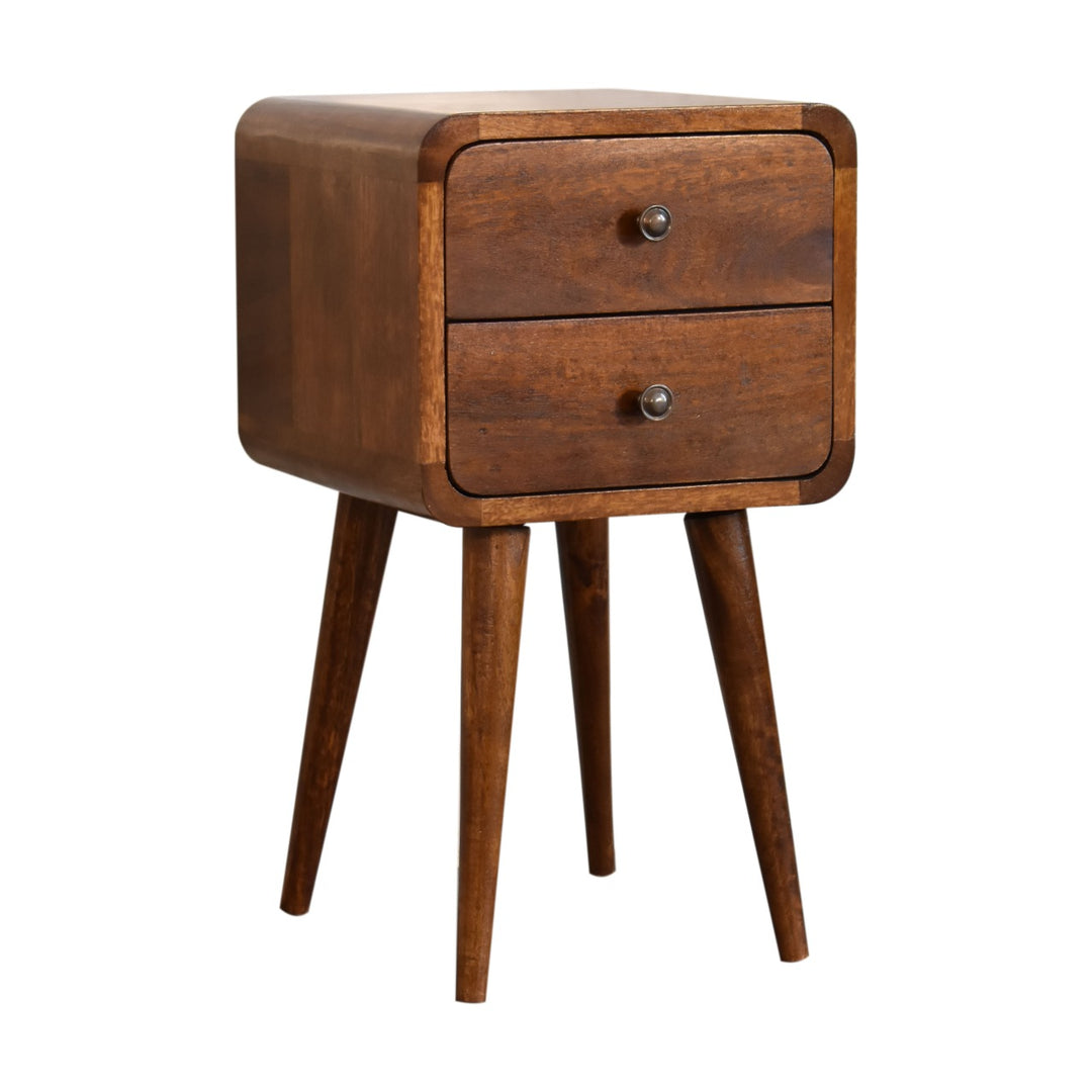 Solid Wood Mini Chestnut Curved nightstand, 2-Drawers, Brown