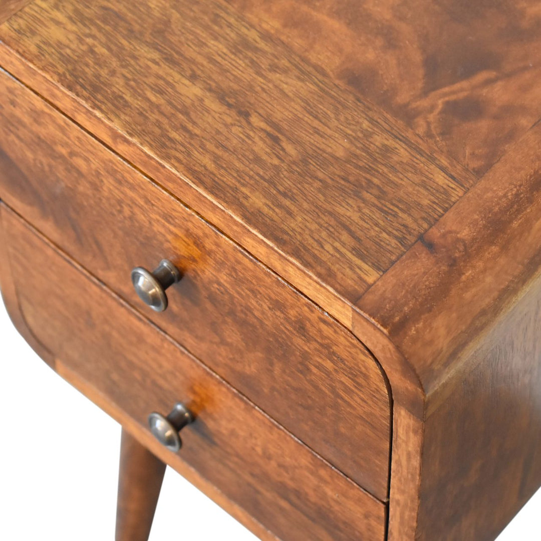 Solid Wood Mini Chestnut Curved nightstand, 2-Drawers, Brown