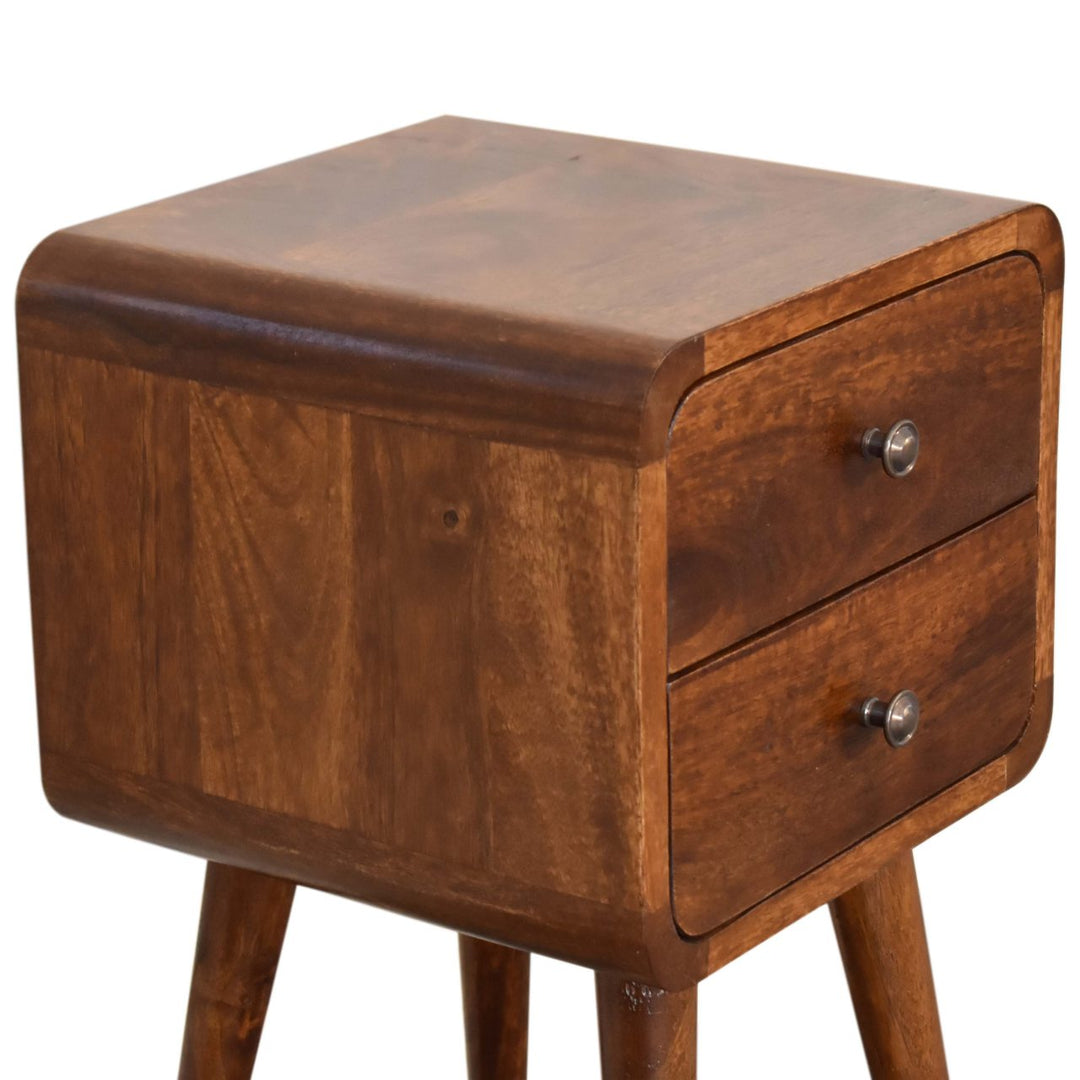 Solid Wood Mini Chestnut Curved nightstand, 2-Drawers, Brown