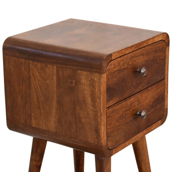 Solid Wood Mini Chestnut Curved nightstand, 2-Drawers, Brown