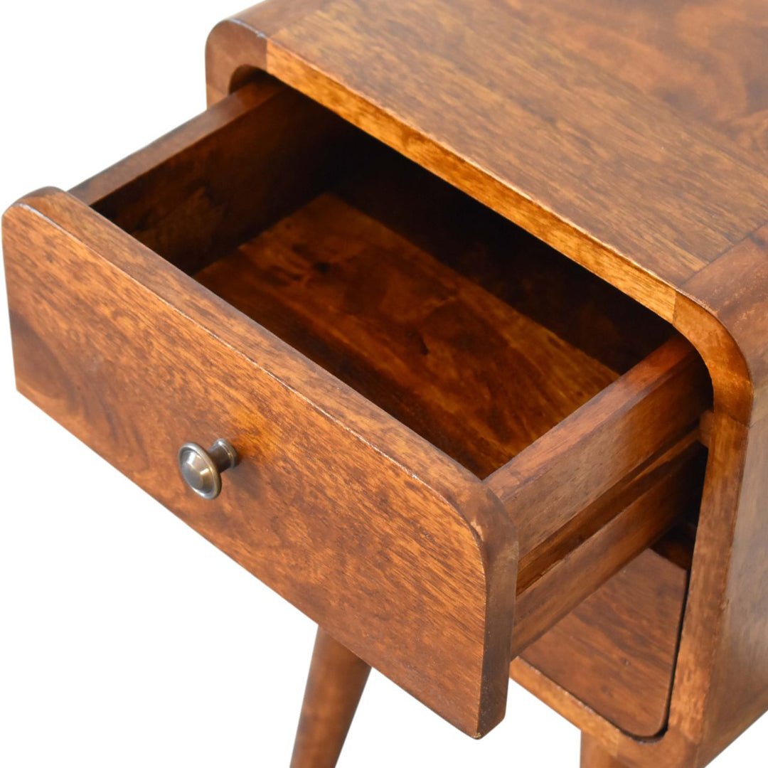 Solid Wood Mini Chestnut Curved nightstand, 2-Drawers, Brown