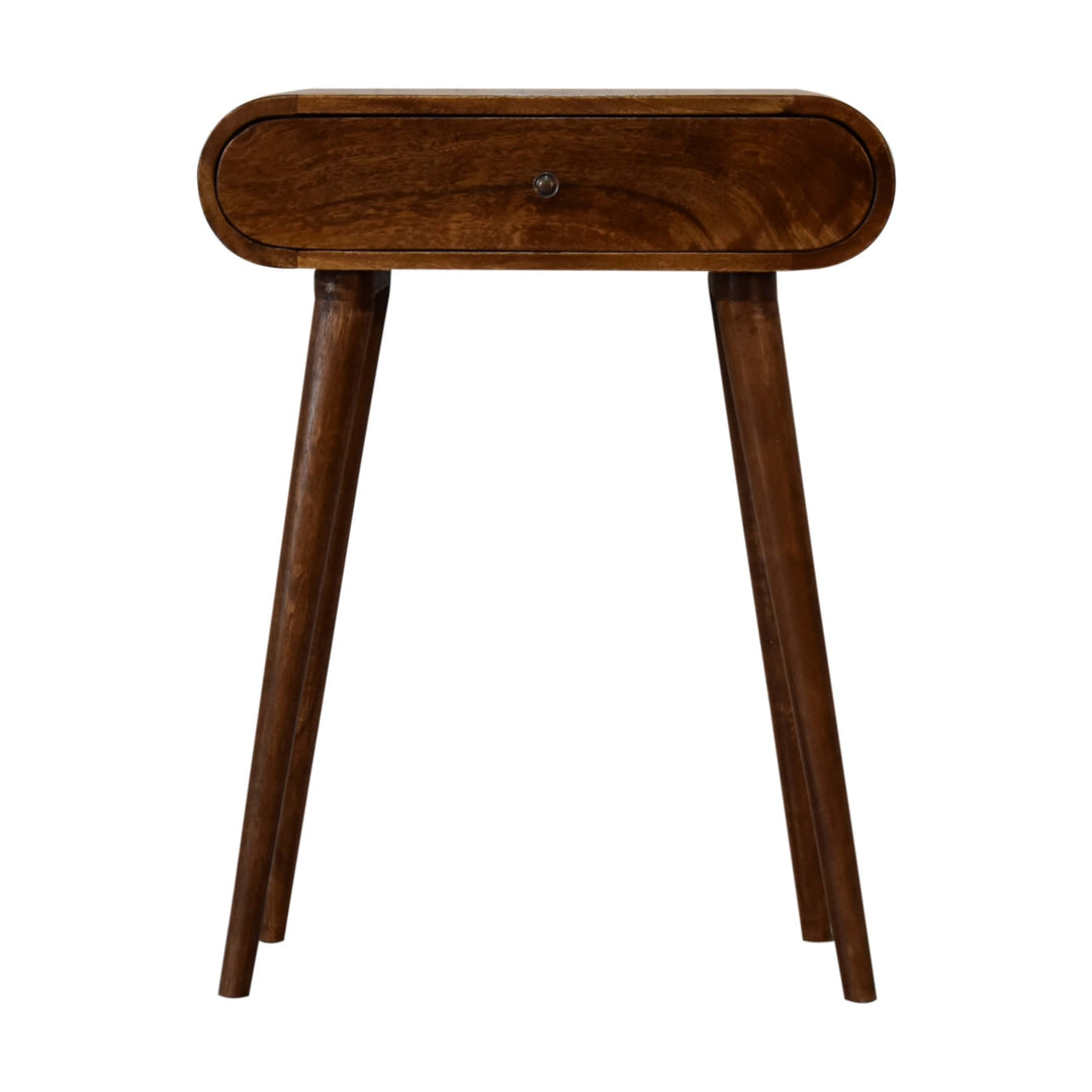 Solid Wood Mini Round Chestnut Console, 1-Drawer, Nordic Legs, Brown