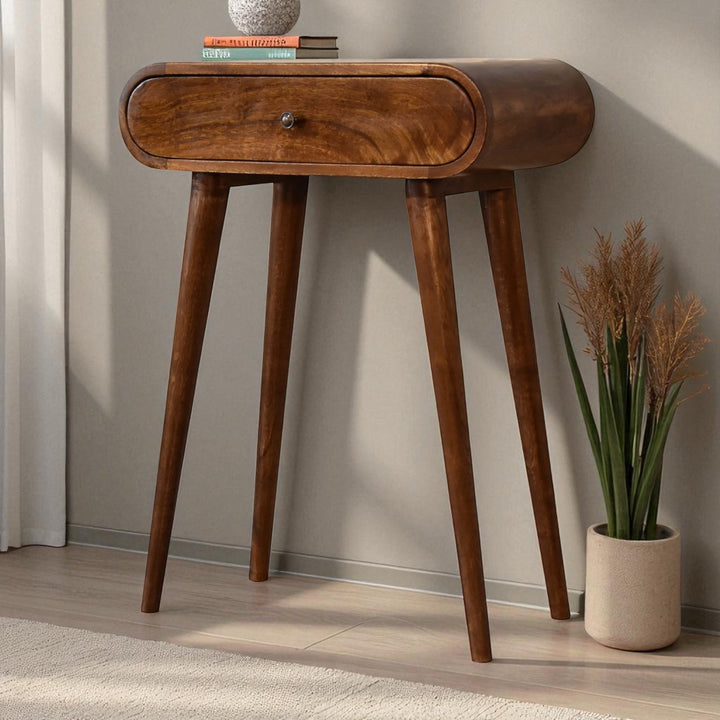 Solid Wood Mini Round Chestnut Console, 1-Drawer, Nordic Legs, Brown