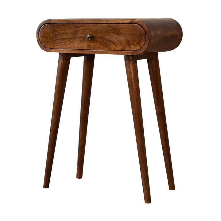 Solid Wood Mini Round Chestnut Console, 1-Drawer, Nordic Legs, Brown