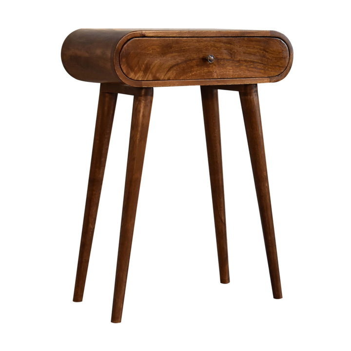 Solid Wood Mini Round Chestnut Console, 1-Drawer, Nordic Legs, Brown