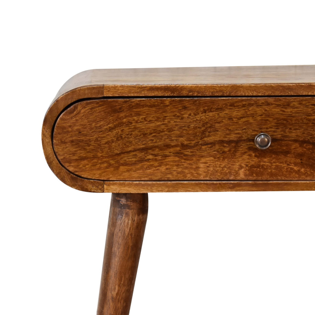 Solid Wood Mini Round Chestnut Console, 1-Drawer, Nordic Legs, Brown