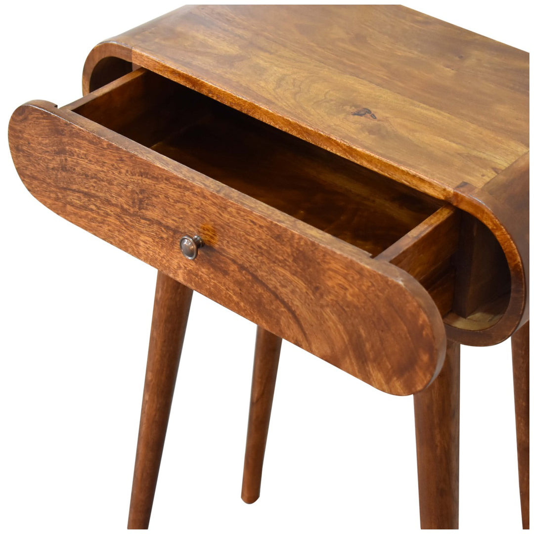 Solid Wood Mini Round Chestnut Console, 1-Drawer, Nordic Legs, Brown