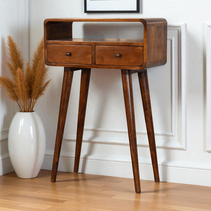 Solid Wood Mini Console Table, 2-Drawers, 1 Open Slot, Brown