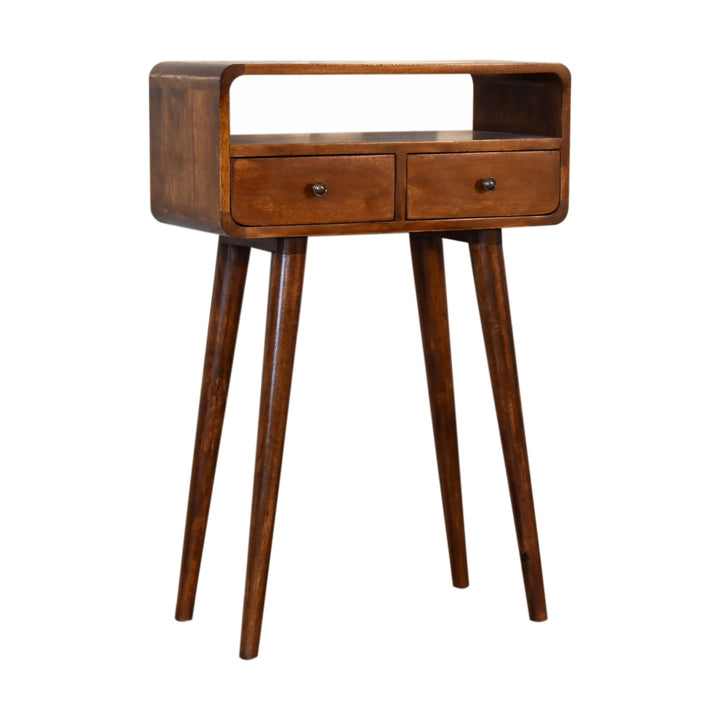 Solid Wood Mini Console Table, 2-Drawers, 1 Open Slot, Brown