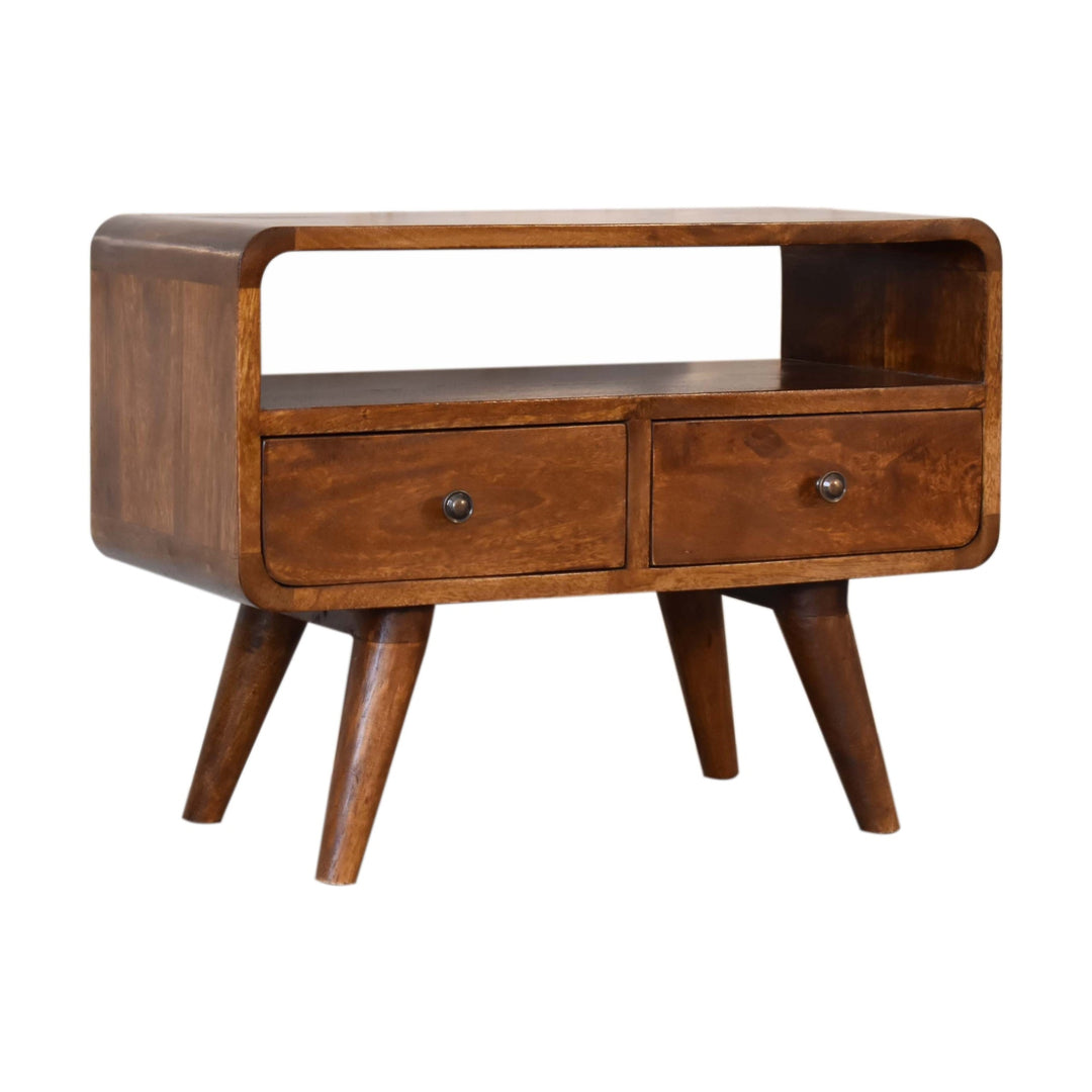 Solid Wood Mini Chestnut Curved Media Unit with 2-Drawers, Open Slot, Nordic Legs, Brown
