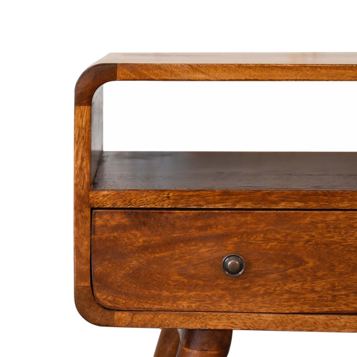Solid Wood Mini Chestnut Curved Media Unit with 2-Drawers, Open Slot, Nordic Legs, Brown
