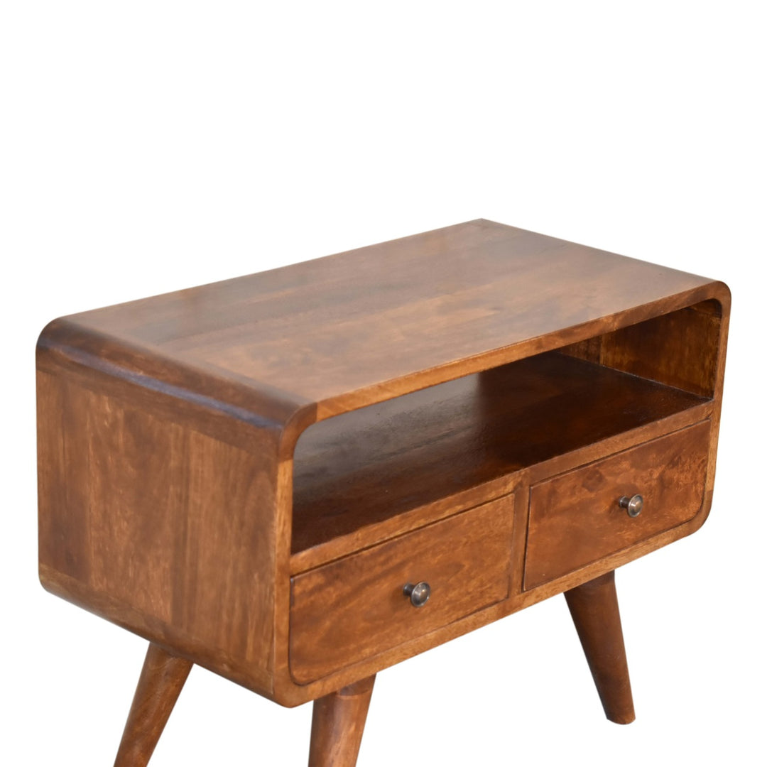 Solid Wood Mini Chestnut Curved Media Unit with 2-Drawers, Open Slot, Nordic Legs, Brown