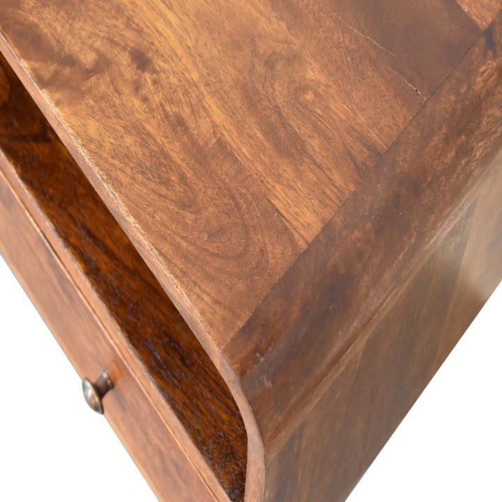 Solid Wood Mini Chestnut Curved Media Unit with 2-Drawers, Open Slot, Nordic Legs, Brown