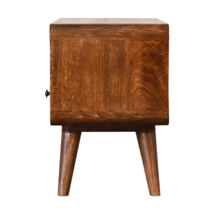 Solid Wood Mini Chestnut Curved Media Unit with 2-Drawers, Open Slot, Nordic Legs, Brown