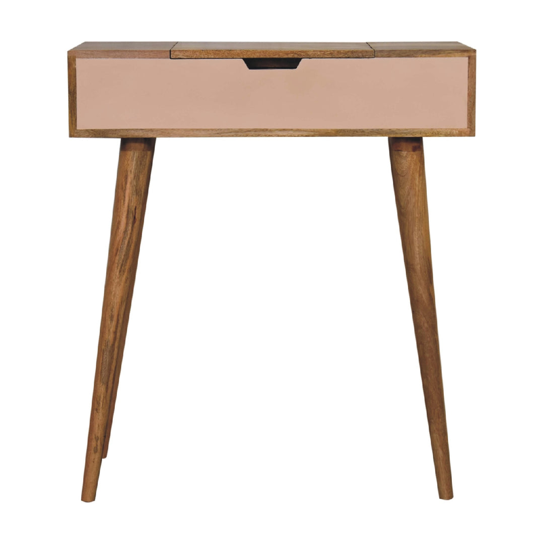 Solid Wood Mini Pink Dressing Table, 4 Compartments, Nordic Legs, Pink and Light Brown