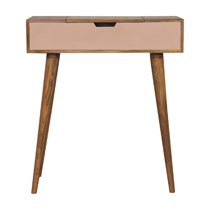 Solid Wood Mini Pink Dressing Table, 4 Compartments, Nordic Legs, Pink and Light Brown