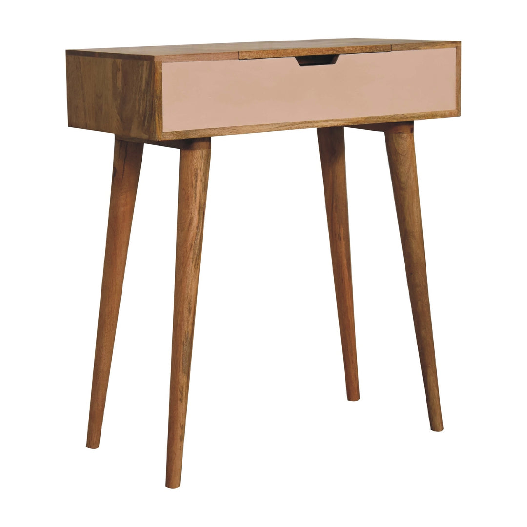 Solid Wood Mini Pink Dressing Table, 4 Compartments, Nordic Legs, Pink and Light Brown
